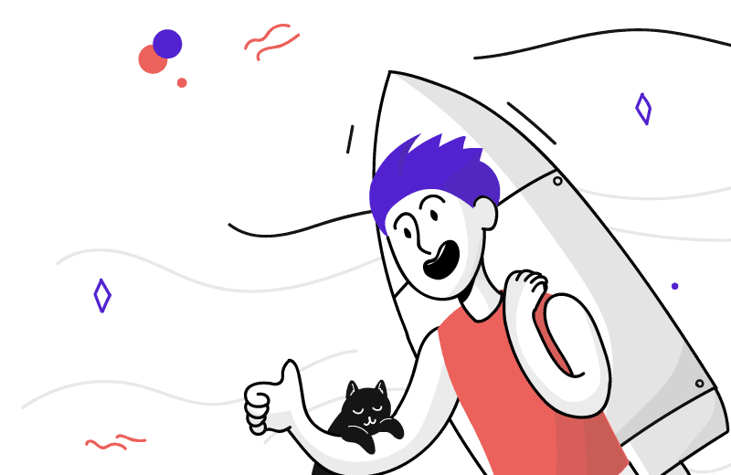 Man with purple hair flying on a rocket
